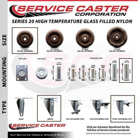 Service Caster 3 Inch High Temp Glass Filled Nylon 34 Inch Stem Caster with Total Lock Brake SCC SCC-TSTTL20S314-GFNSHT-34212